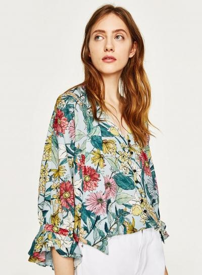 Oasap Floral Printed Loose Fit Blouse With Tie