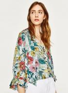 Oasap Floral Printed Loose Fit Blouse With Tie