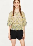 Oasap Daisy Print Turn-down Collar Slim Shirt