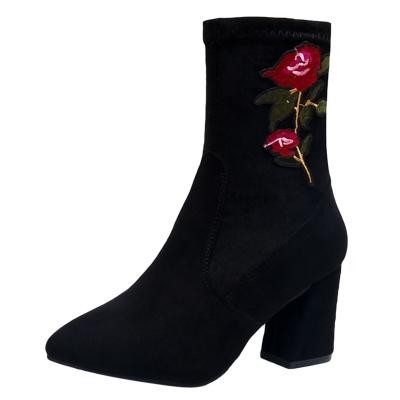 Oasap Pointed Toe Block Heels Floral Embroidery Mid-calf Boots