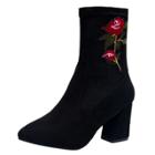 Oasap Pointed Toe Block Heels Floral Embroidery Mid-calf Boots