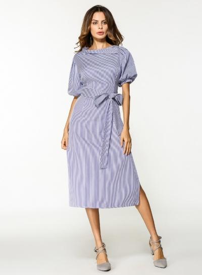 Oasap Lantern Sleeve High Slit Striped Dress With Belt