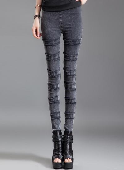 Oasap Casual Elastic Waist Skinny Fit Stripe Denim Leggings