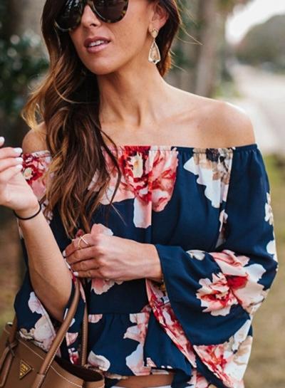 Oasap Off Shoulder Flare Sleeve Floral Printed Blouse