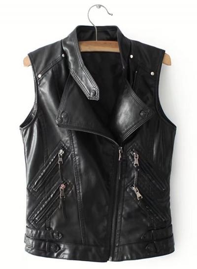 Oasap Lapel Sleeveless Zipper Pu Motorcycle Jacket Vest