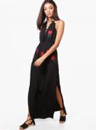 Oasap Halter Floral Embroidery Backless Split Maxi Dress