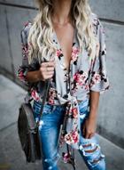 Oasap Deep V Neck Three Quarter Length Sleeve Floral Printed Blouse