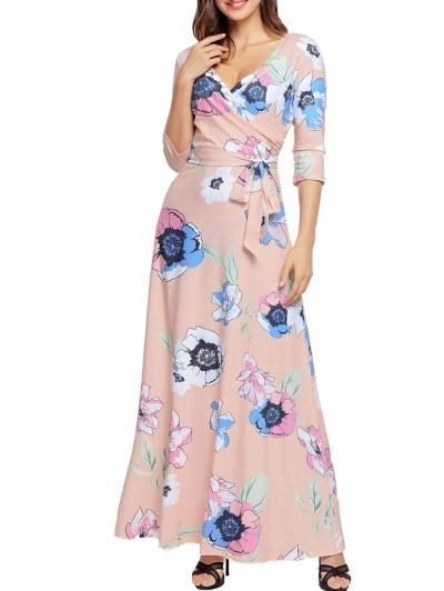 Oasap V Neck 3/4 Sleeve Floral Print Maxi Dress With Belt