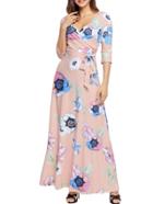 Oasap V Neck 3/4 Sleeve Floral Print Maxi Dress With Belt