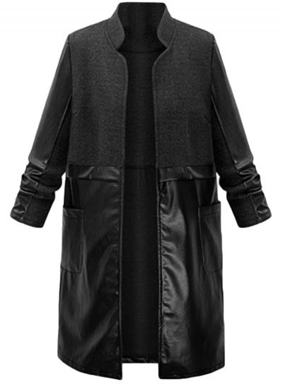 Oasap Women's Pu Leather Panel Open Front Trench Coat