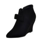 Oasap Solid Color Pointed Toe Wedge Heels Boots With Bow