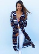 Oasap Casual Long Sleeve Geo Printed Open Front Coat