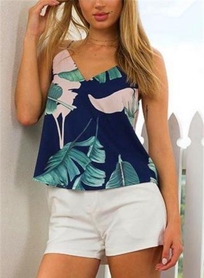 Oasap Spaghetti Strap V Neck Floral Printed Tees