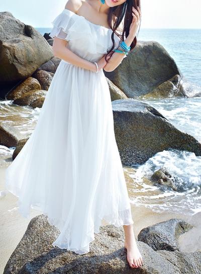 Oasap Bohemian Slash Neck Off Shoulder Sleeveless Chiffon Maxi Dress