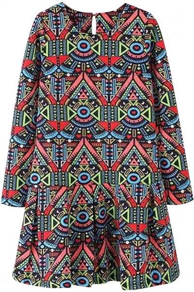 Oasap Baroque Geometric Printed Long Sleeve Dress