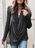 Oasap Solid Color Slim Fit Long Sleeve Cowl Neck Tee Shirt
