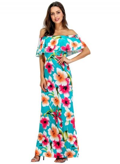 Oasap Off Shoulder Ruffle Floral Print Bodycon Maxi Dress