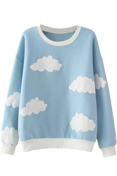 Oasap Cloud Pattern Ribbed Trim Round Neck Sweatshirt