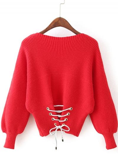 Oasap Round Neck Lantern Sleeve Solid Color Sweater