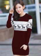 Oasap Elk Graphic Round Neck Pullover Knit Dress