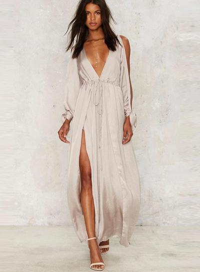 Oasap Deep V Neck Off Shoulder High Slit Maxi Dress