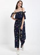 Oasap Off Shoulder Tie Sleeve Printed Wide Leg Jumpsuit