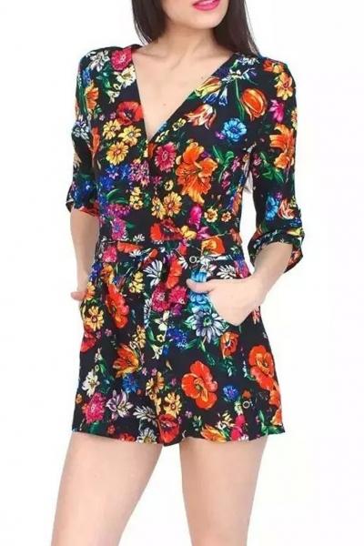 Oasap Chic Floral Print Surplice Romper