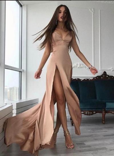 Oasap Spaghetti Strap High Slit Slim Maxi Dress