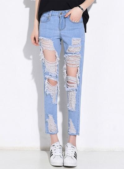 Oasap Fashion Destroyed Ninth Denim Pants