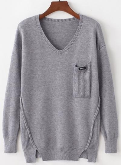 Oasap V Neck Slit Loose Knit Sweater With Pocket