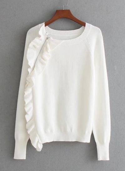 Oasap Round Neck Long Sleeve Flounce Hem Pullover Sweaters