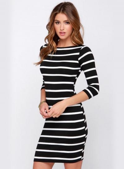 Oasap Fashion 3/4 Sleeve Striped Slim Fit Dress