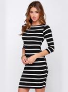 Oasap Fashion 3/4 Sleeve Striped Slim Fit Dress