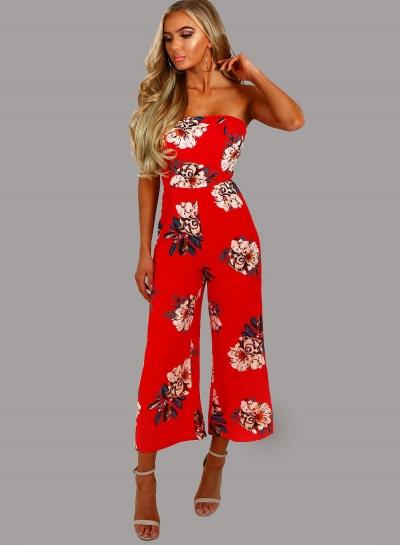 Oasap Strapless Floral Wide Leg Loose Jumpsuit