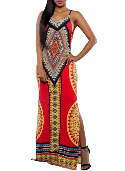 Oasap Women's Vintage Geometric Print Spaghetti Strap Slit Dress