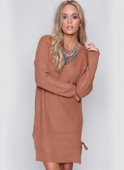 Oasap Long Sleeve Slit Lace-up Knit Sweater