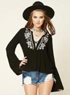 Oasap V Neck Flare Sleeve Embroidery Blouse