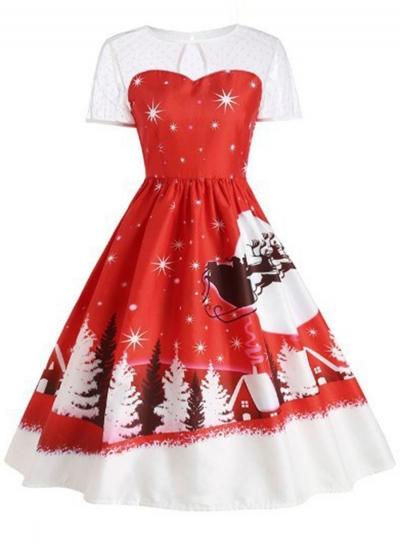 Oasap Short Sleeve Christmas Digital Printed A-line Dress
