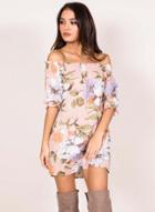 Oasap Casual Off Shoulder Short Sleeve Floral Printed Mini Dress