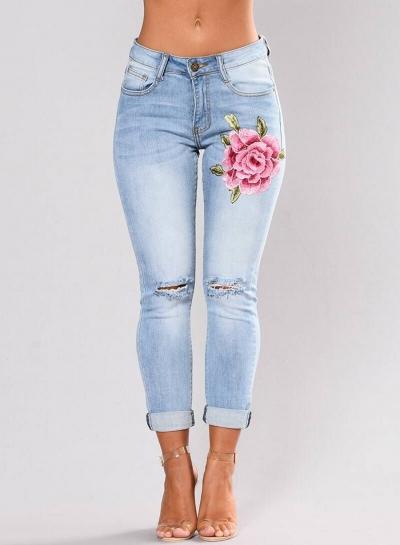 Oasap Floral Embroidery High Waist Denim Pants