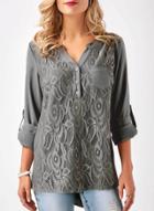 Oasap V Neck Long Sleeve Lace Splicing Solid Color Blouse