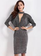 Oasap Women's Glitter Deep V Bodycon Evening Dress