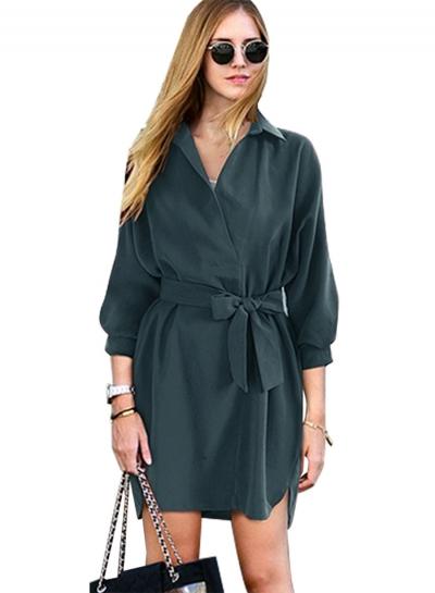 Oasap 3/4 Sleeve Solid Shirt Dress With Belt