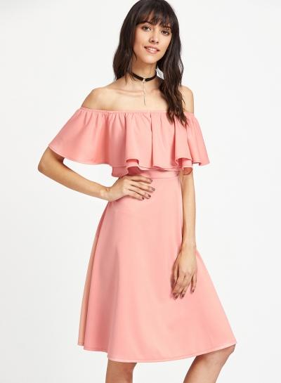 Oasap Slash Neck Flounce Hem Solid Dress