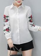 Oasap Turn Down Collar Floral Embroidery Button Down Shirts