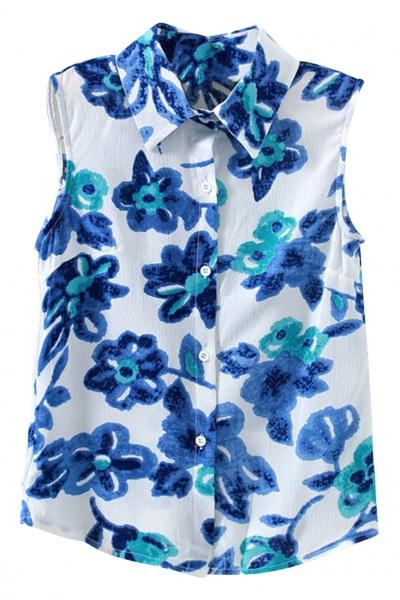 Oasap Floral Ink Painting Print Chifffon Sleeveless Shirt