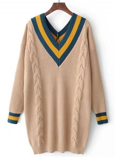 Oasap V Neck Long Sleeve Striped Splicing Sweater