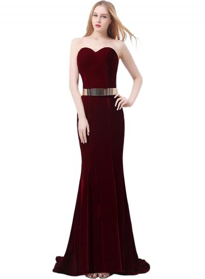 Oasap Women's Elegant Strapless Velvet Metal Belted Prom Dress
