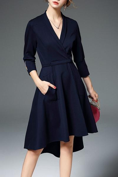 Oasap Women Butterfly Embroidery V Neck Asymmetric Tie Waist Dress