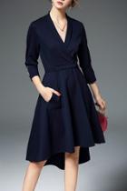 Oasap Women Butterfly Embroidery V Neck Asymmetric Tie Waist Dress